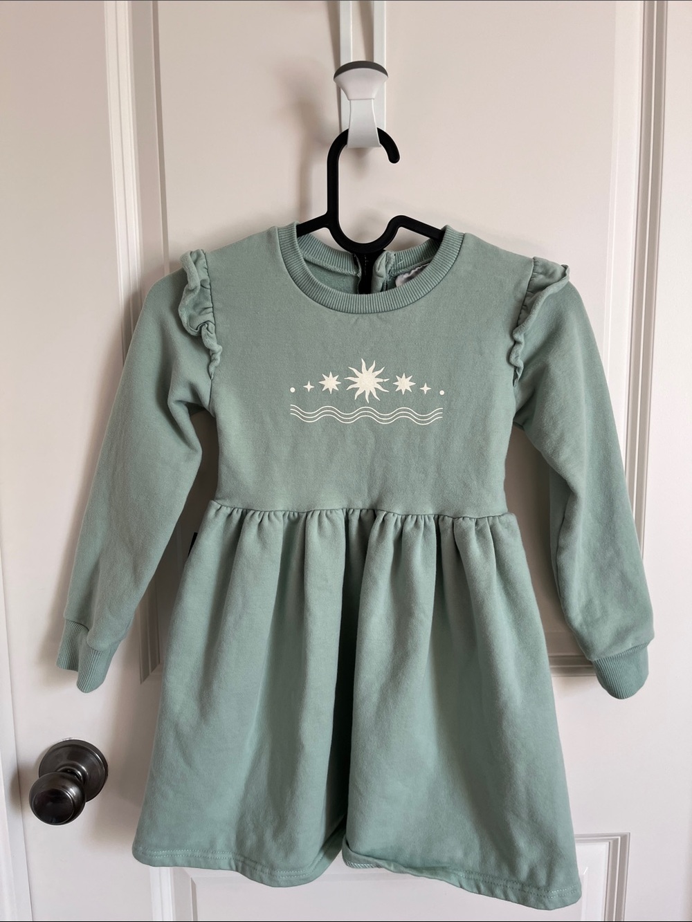 Girls Mint Green Ruffle Sweatshirt Dress with Star Graphic -